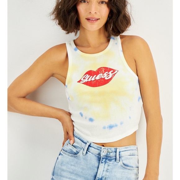 Guess Cotton Lips Tie Die Crop Tank Top - Picture 1 of 3